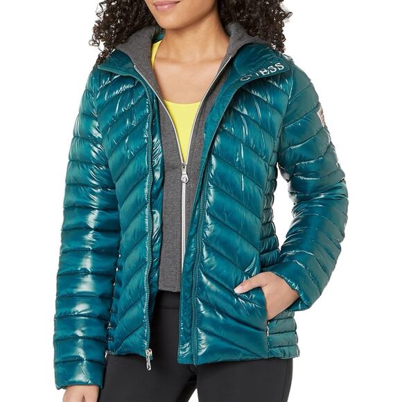 NWT GUESS Women's M Light Packable Jacket Quilted, Transitional Puffer - Emerald - Picture 1 of 14